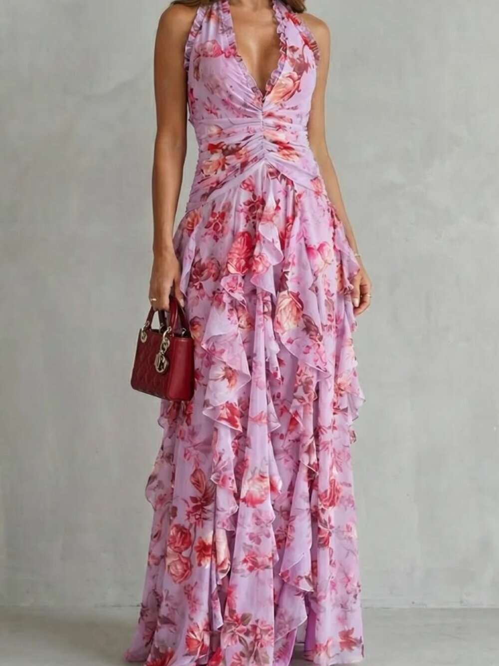 Lavender Pink Floral Halter Deep V Ruffle Maxi Dress Chiffon Wedding Guest